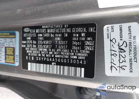 2016 Kia Sorento 3.3L Lx from USA, damaged, VIN 5XYPG4A56GG130543